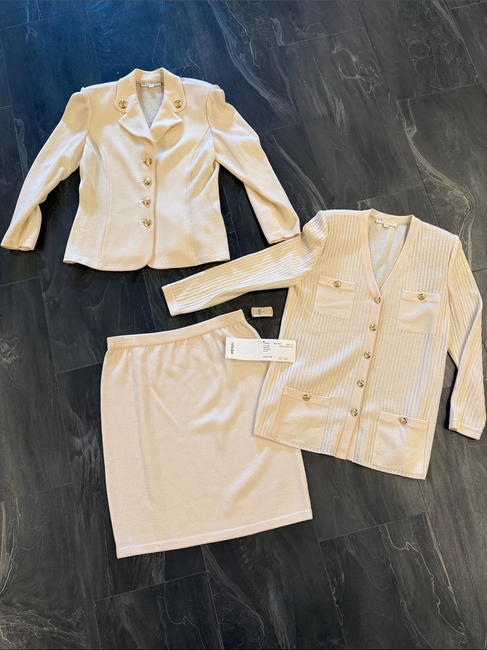 ST. JOHN Three-piece Matching Buttons Skirt, Jacket and Cardigan Sizes 12,8, 12